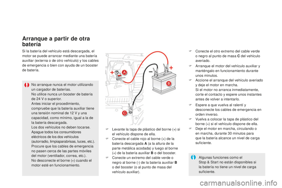 CITROEN DS5 2016  Manuales de Empleo (in Spanish) DS5_es_Chap08_info-pratiques_ed02-2015
Arranque a partir de otra 
batería
No arranque nunca el motor utilizando 
un cargador de baterías.
No utilice nunca un booster de batería 
de 24  V o superior