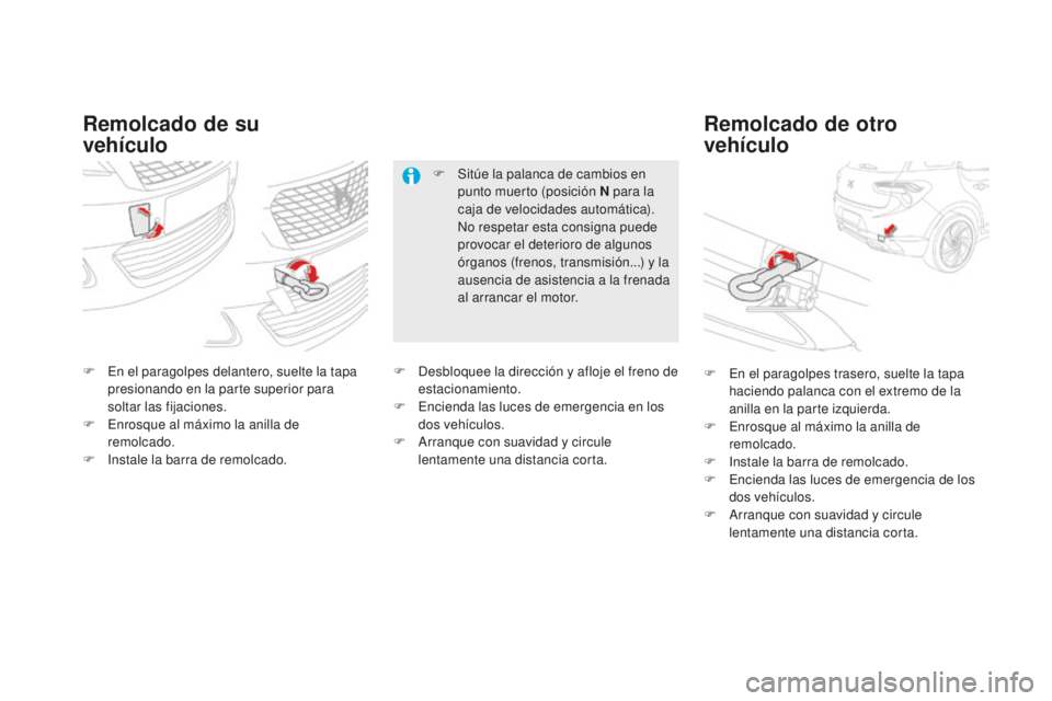 CITROEN DS5 2016 Manuales de Empleo (in Spanish) DS5_es_Chap08_info-pratiques_ed02-2015
Remolcado de su
vehículo Remolcado de otro
vehículo
F En el paragolpes delantero, suelte la tapa
presionando en la parte superior para
soltar las fijaci CITROEN DS5 2016 Manuales de Empleo (in Spanish) DS5_es_Chap08_info-pratiques_ed02-2015
Remolcado de su
vehículo Remolcado de otro
vehículo
F En el paragolpes delantero, suelte la tapa
presionando en la parte superior para
soltar las fijaci