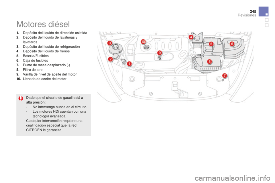 CITROEN DS5 2016  Manuales de Empleo (in Spanish) 245
DS5_es_Chap09_verifications_ed02-2015
1. Depósito del líquido de dirección asistida
2. Depósito del líquido de lavalunas y 
lavafaros
3.
 D

epósito del líquido de refrigeración
4.
 D

ep�