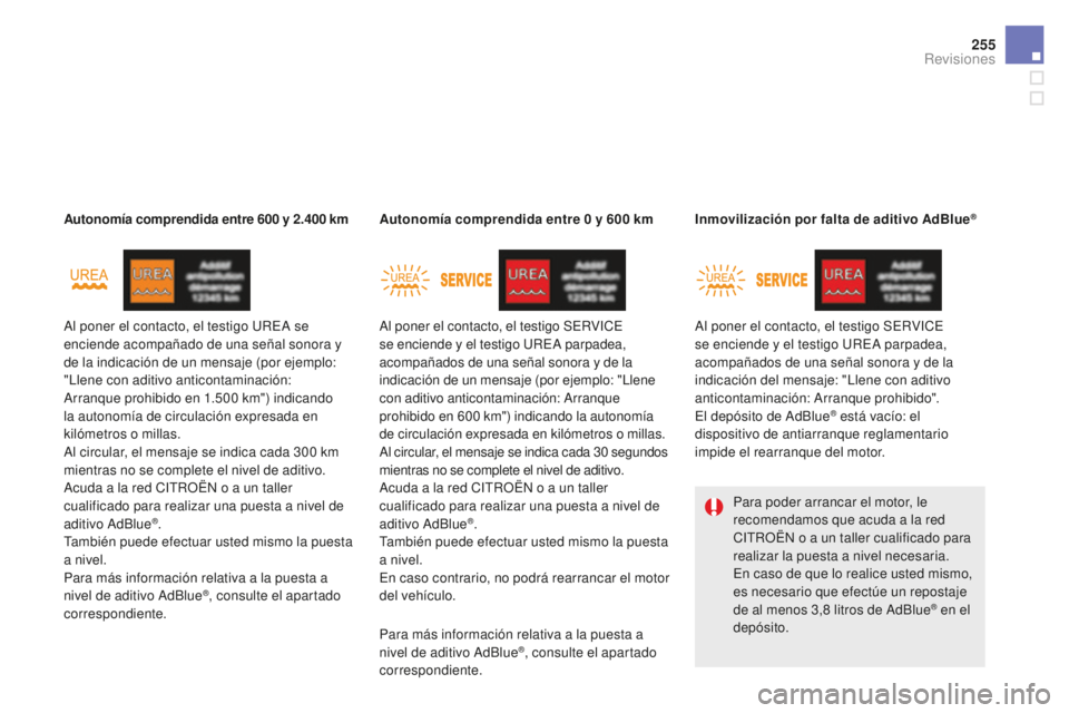 CITROEN DS5 2016  Manuales de Empleo (in Spanish) 255
DS5_es_Chap09_verifications_ed02-2015
Al poner el contacto, el testigo UREA se 
enciende acompañado de una señal sonora y 
de la indicación de un mensaje (por ejemplo: 
"Llene con aditivo a