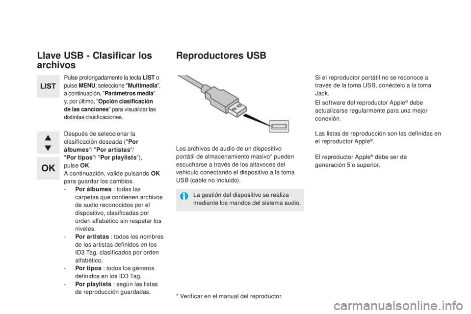 CITROEN DS5 2016  Manuales de Empleo (in Spanish) DS5_es_Chap11d_RD5_ed02-2015
Llave uSB - Clasificar los 
archivos
Pulse prolongadamente la tecla LiST o 
pu lse  MEN
u;  seleccione "Multimedia",   
a continuación, " Parámetros media &#