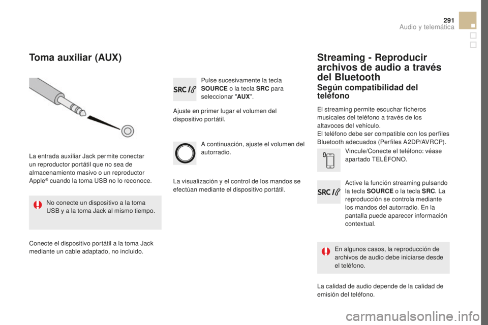 CITROEN DS5 2016  Manuales de Empleo (in Spanish) 291
DS5_es_Chap11d_RD5_ed02-2015
Pulse sucesivamente la tecla 
SOuRCE o la tecla SRC  para 
seleccionar " A
u
X".
A

juste en primer lugar el volumen del 
dispositivo portátil.
A continuació