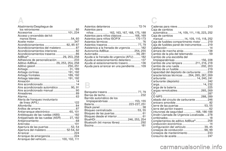 CITROEN DS5 2016  Manuales de Empleo (in Spanish) A
Abatimiento/Despliegue de  los retrovisores ............................................. 80
A
ccesorios
 
 ............................................ 101, 234
Acceso y encendido del kit   manos l