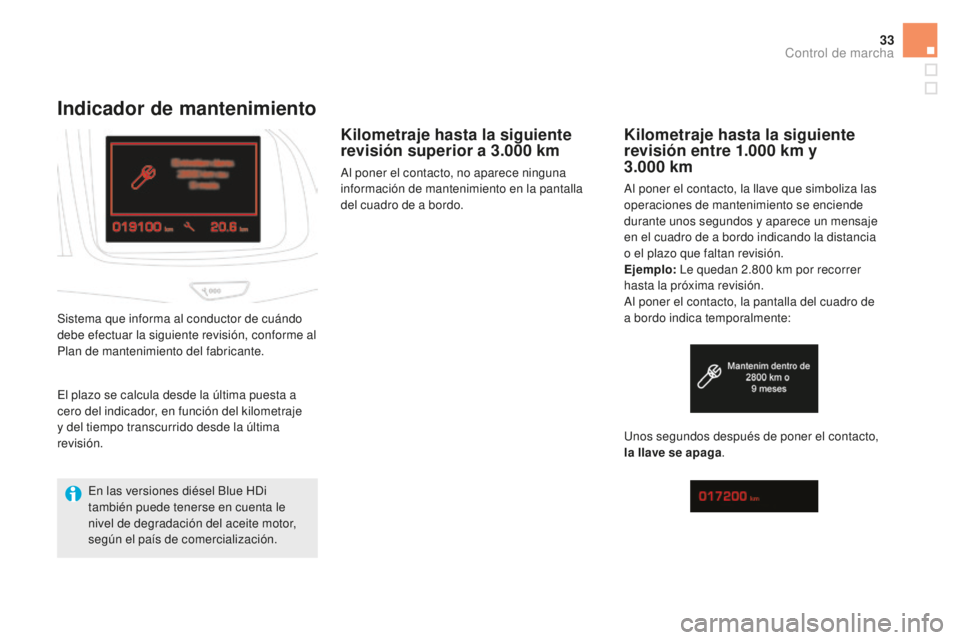 CITROEN DS5 2016  Manuales de Empleo (in Spanish) 33
indicador de mantenimiento
Kilometraje hasta la siguiente 
revisión superior a 3.000  km
Al poner el contacto, no aparece ninguna 
información de mantenimiento en la pantalla 
del cuadro de a bor
