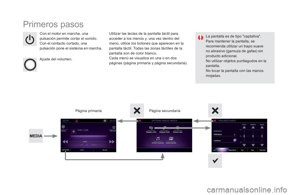 CITROEN DS5 2016  Manuales de Empleo (in Spanish)   Primeros pasos 
 
 
Con el motor en marcha, una 
pulsación permite cortar el sonido. 
  Con el contacto cortado, una 
pulsación pone el sisitema en marcha.  
   
Ajuste del volumen.  
    
Utiliza