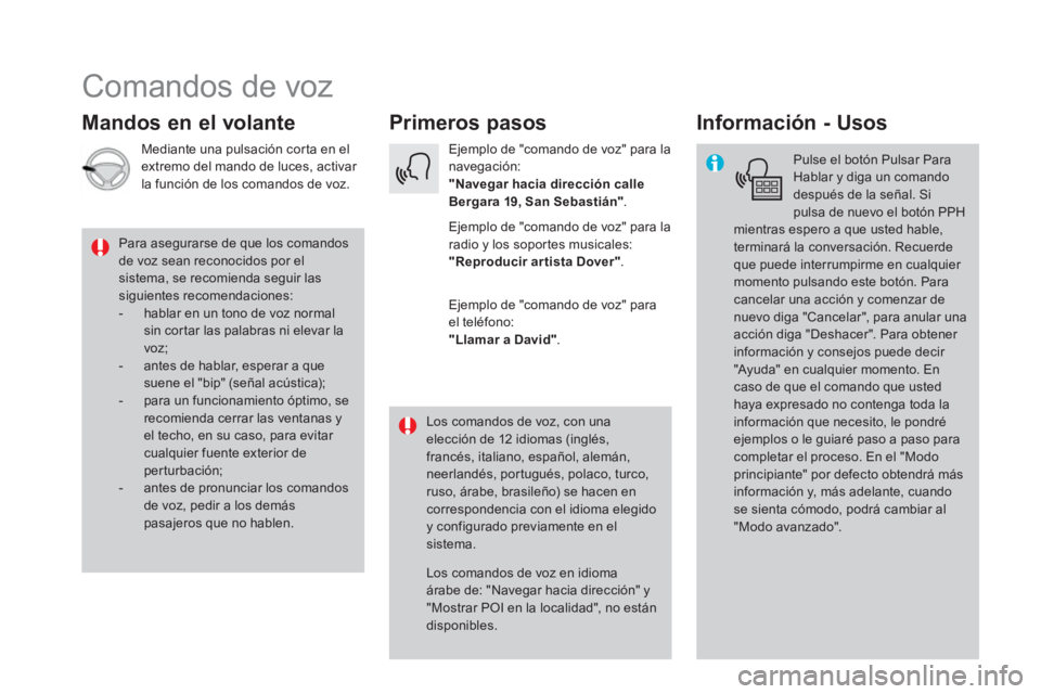 CITROEN DS5 2016  Manuales de Empleo (in Spanish)   Comandos de voz 
 
 
 
 
 
 
Primeros pasos   
 
 
 
 
 
Mandos en el volante    
 
 
 
 
Información - Usos 
 
 
Pulse el botón Pulsar Para 
Hablar y diga un comando 
después de la señal. Si 
p