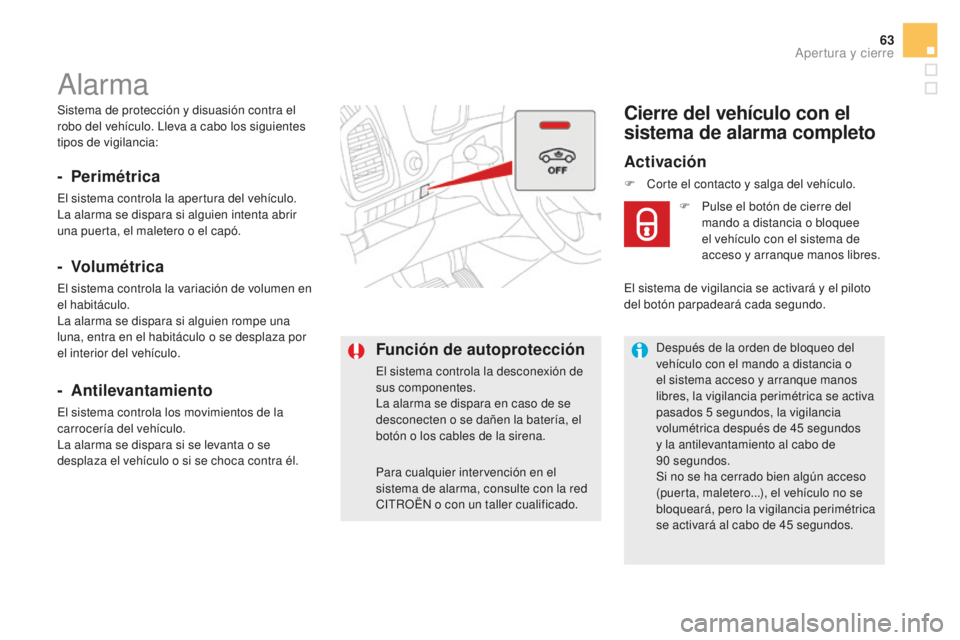 CITROEN DS5 2016 Manuales de Empleo (in Spanish) 63
DS5_es_Chap02_ouvertures_ed02-2015
Sistema de protección y disuasión contra el
robo del vehículo. Lleva a cabo los siguientes
tipos de vigilancia:
Alarma
- Perimétrica
El sistema controla la CITROEN DS5 2016 Manuales de Empleo (in Spanish) 63
DS5_es_Chap02_ouvertures_ed02-2015
Sistema de protección y disuasión contra el
robo del vehículo. Lleva a cabo los siguientes
tipos de vigilancia:
Alarma
- Perimétrica
El sistema controla la