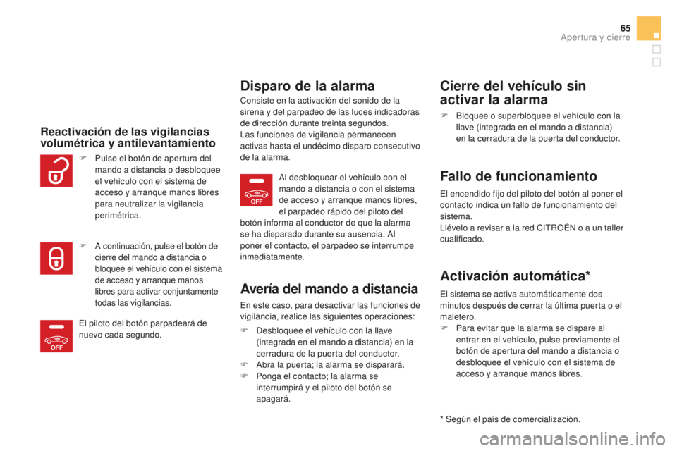 CITROEN DS5 2016 Manuales de Empleo (in Spanish) OFF
OFF
65
DS5_es_Chap02_ouvertures_ed02-2015
Reactivación de las vigilancias
volumétrica y antilevantamiento
Disparo de la alarma
Consiste en la activación del sonido de la
sirena y del parpadeo CITROEN DS5 2016 Manuales de Empleo (in Spanish) OFF
OFF
65
DS5_es_Chap02_ouvertures_ed02-2015
Reactivación de las vigilancias
volumétrica y antilevantamiento
Disparo de la alarma
Consiste en la activación del sonido de la
sirena y del parpadeo