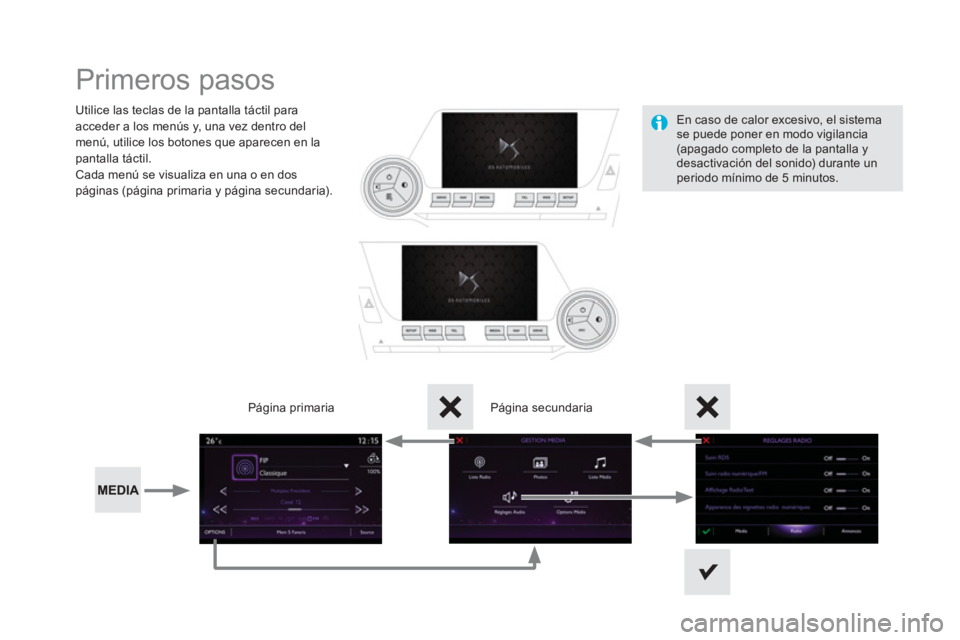 CITROEN DS5 2016 Manuales de Empleo (in Spanish) Primeros pasos
Utilice las teclas de la pantalla táctil para
acceder a los menús y, una vez dentro del
menú, utilice los botones que aparecen en la
pantalla táctil.
Cada menú se vi CITROEN DS5 2016 Manuales de Empleo (in Spanish) Primeros pasos
Utilice las teclas de la pantalla táctil para
acceder a los menús y, una vez dentro del
menú, utilice los botones que aparecen en la
pantalla táctil.
Cada menú se vi