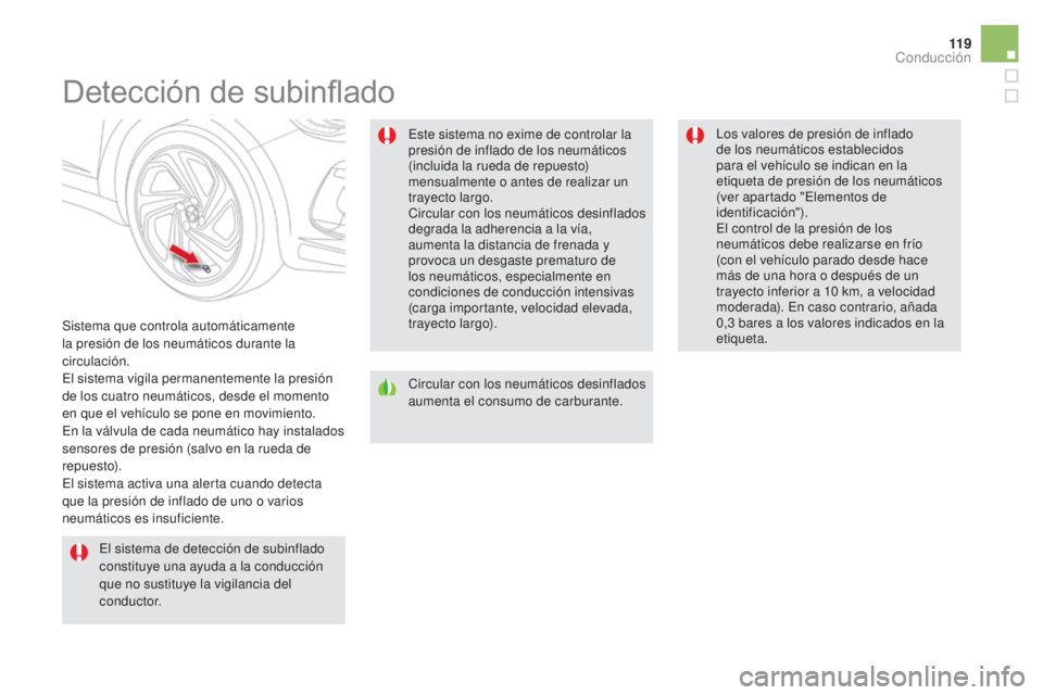 CITROEN DS5 2015 Manuales de Empleo (in Spanish) 11 9
DS5_es_Chap04_conduite_ed01-2015
Detección de subinflado
Sistema que controla automáticamente
la presión de los neumáticos durante la
circulación.
El sistema vigila permanentemente la pres CITROEN DS5 2015 Manuales de Empleo (in Spanish) 11 9
DS5_es_Chap04_conduite_ed01-2015
Detección de subinflado
Sistema que controla automáticamente
la presión de los neumáticos durante la
circulación.
El sistema vigila permanentemente la pres