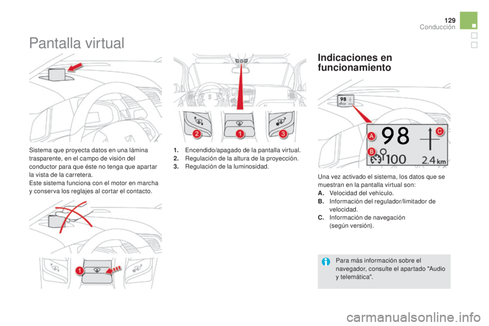 CITROEN DS5 2015  Manuales de Empleo (in Spanish) 129
DS5_es_Chap04_conduite_ed01-2015
Pantalla virtual
Sistema que proyecta datos en una lámina 
trasparente, en el campo de visión del 
conductor para que éste no tenga que apartar 
la vista de la 