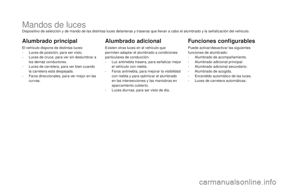 CITROEN DS5 2015 Manuales de Empleo (in Spanish) DS5_es_Chap05_visibilite_ed01-2015
Mandos de lucesDispositivo de selección y de mando de las distintas luces delanteras y traseras que llevan a cabo el alumbrado y la señalización del vehículo.
Al CITROEN DS5 2015 Manuales de Empleo (in Spanish) DS5_es_Chap05_visibilite_ed01-2015
Mandos de lucesDispositivo de selección y de mando de las distintas luces delanteras y traseras que llevan a cabo el alumbrado y la señalización del vehículo.
Al