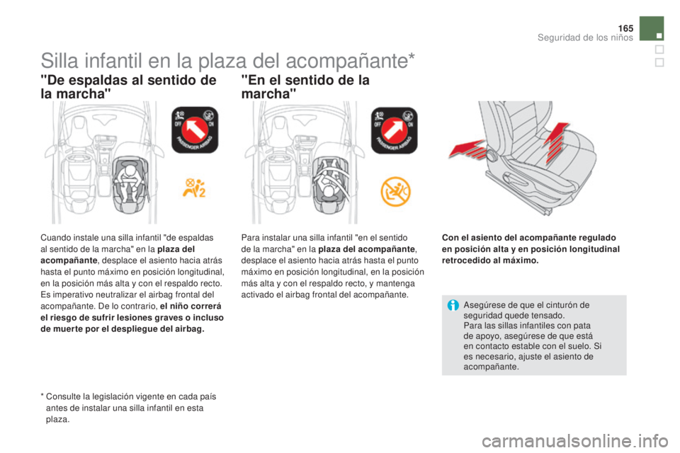 CITROEN DS5 2015  Manuales de Empleo (in Spanish) 165
DS5_es_Chap06_securite-enfants_ed01-2015
Silla infantil en la plaza del acompañante*
"De espaldas al sentido de 
la marcha""En el sentido de la 
marcha"
Asegúrese de que el cintu