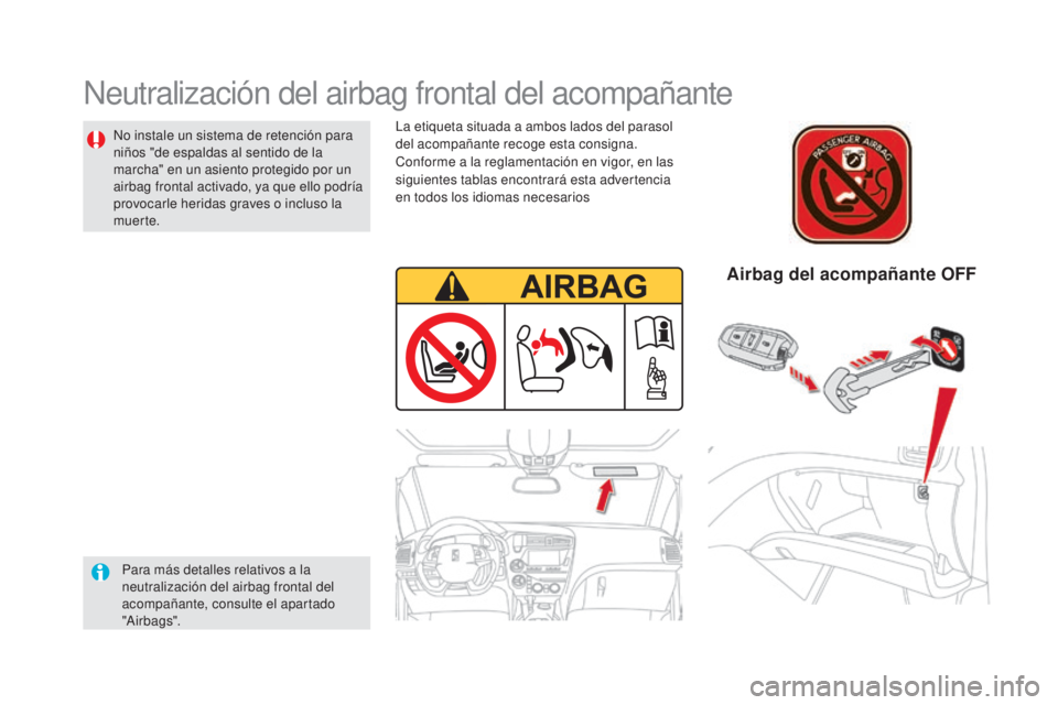 CITROEN DS5 2015  Manuales de Empleo (in Spanish) DS5_es_Chap06_securite-enfants_ed01-2015
Neutralización del airbag frontal del acompañante
Para más detalles relativos a la 
neutralización del airbag frontal del 
acompañante, consulte el aparta