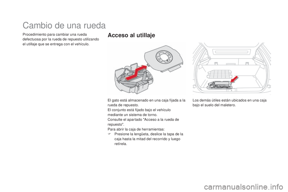 CITROEN DS5 2015 Manuales de Empleo (in Spanish) DS5_es_Chap08_info-pratiques_ed01-2015
Cambio de una rueda
El gato está almacenado en una caja fijada a la
rueda de repuesto.
El conjunto está fijado bajo el vehículo
mediante un sistema de torno CITROEN DS5 2015 Manuales de Empleo (in Spanish) DS5_es_Chap08_info-pratiques_ed01-2015
Cambio de una rueda
El gato está almacenado en una caja fijada a la
rueda de repuesto.
El conjunto está fijado bajo el vehículo
mediante un sistema de torno