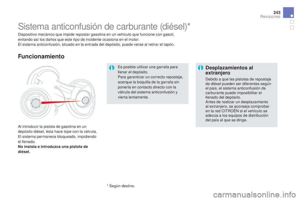 CITROEN DS5 2015  Manuales de Empleo (in Spanish) 243
DS5_es_Chap09_verifications_ed01-2015
Es posible utilizar una garrafa para 
llenar el depósito. 
Para garantizar un correcto repostaje, 
acerque la boquilla de la garrafa sin 
ponerla en contacto