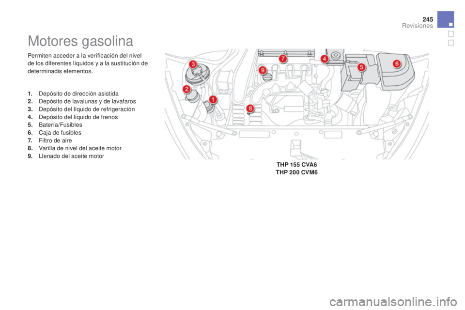 CITROEN DS5 2015 Manuales de Empleo (in Spanish) 245
DS5_es_Chap09_verifications_ed01-2015
Permiten acceder a la verificación del nivel
de los diferentes líquidos y a la sustitución de
determinadis elementos.
Motores gasolina
1. Depósito de di CITROEN DS5 2015 Manuales de Empleo (in Spanish) 245
DS5_es_Chap09_verifications_ed01-2015
Permiten acceder a la verificación del nivel
de los diferentes líquidos y a la sustitución de
determinadis elementos.
Motores gasolina
1. Depósito de di