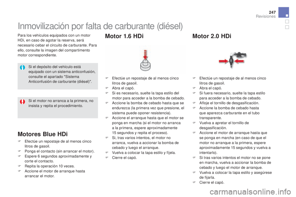 CITROEN DS5 2015 Manuales de Empleo (in Spanish) 247
DS5_es_Chap09_verifications_ed01-2015
Para los vehículos equipados con un motor
HDi, en caso de agotar la reserva, será
necesario cebar el circuito de carburante. Para
ello, consulte la image CITROEN DS5 2015 Manuales de Empleo (in Spanish) 247
DS5_es_Chap09_verifications_ed01-2015
Para los vehículos equipados con un motor
HDi, en caso de agotar la reserva, será
necesario cebar el circuito de carburante. Para
ello, consulte la image
