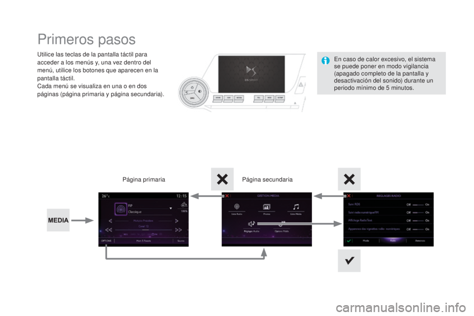 CITROEN DS5 2015 Manuales de Empleo (in Spanish) DS5_es_Chap11c_SMEGplus_ed01-2015
Primeros pasos
Utilice las teclas de la pantalla táctil para
acceder a los menús y, una vez dentro del
menú, utilice los botones que aparecen en la
pantalla tá CITROEN DS5 2015 Manuales de Empleo (in Spanish) DS5_es_Chap11c_SMEGplus_ed01-2015
Primeros pasos
Utilice las teclas de la pantalla táctil para
acceder a los menús y, una vez dentro del
menú, utilice los botones que aparecen en la
pantalla tá