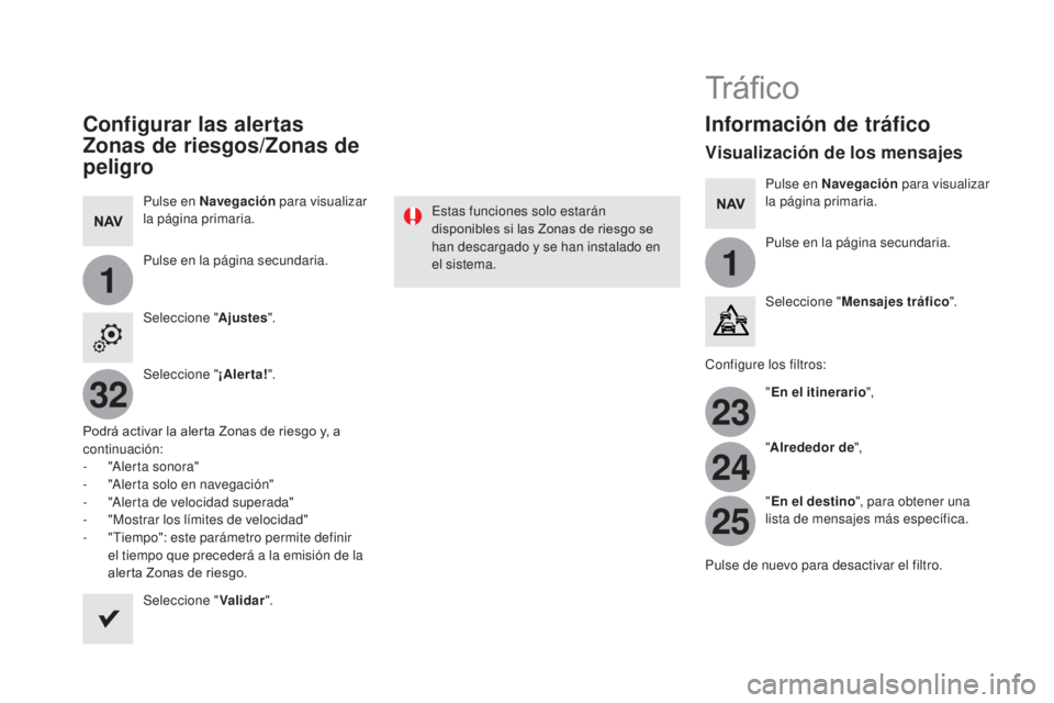 CITROEN DS5 2015 Manuales de Empleo (in Spanish) 11
23
24
25
32
DS5_es_Chap11c_SMEGplus_ed01-2015
Configurar las alertas
Zonas de riesgos/Zonas de
peligro
Pulse en Navegación para visualizar
la página primaria.
Pulse en la página secundaria.
S CITROEN DS5 2015 Manuales de Empleo (in Spanish) 11
23
24
25
32
DS5_es_Chap11c_SMEGplus_ed01-2015
Configurar las alertas
Zonas de riesgos/Zonas de
peligro
Pulse en Navegación para visualizar
la página primaria.
Pulse en la página secundaria.
S