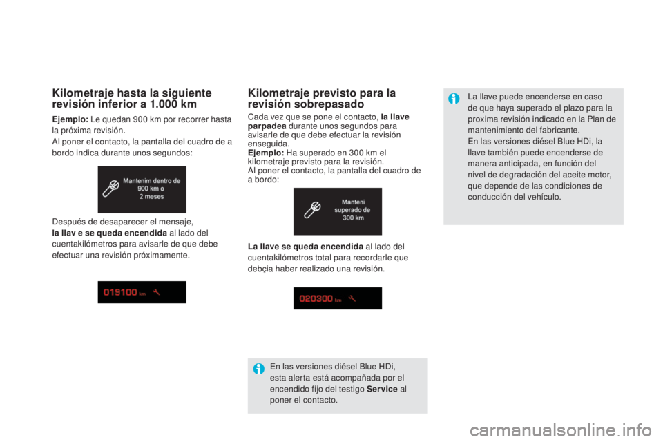 CITROEN DS5 2015  Manuales de Empleo (in Spanish) DS5_es_Chap01_controle-de-marche_ed01-2015
Kilometraje previsto para la 
revisión sobrepasado
Cada vez que se pone el contacto, la llave 
parpadea durante unos segundos para 
avisarle de que debe efe