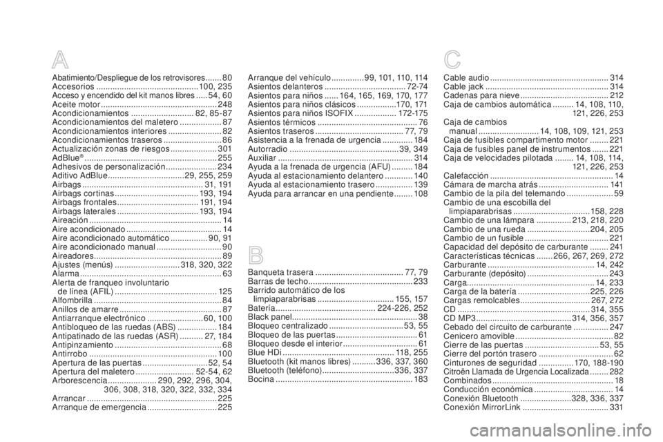 CITROEN DS5 2015  Manuales de Empleo (in Spanish) DS5_es_Chap12_index-recherche_ed01-2015
Abatimiento/Despliegue de los retrovisores .......80
A
ccesorios 
............................................ 10 0, 235
Acceso y encendido del kit manos libres