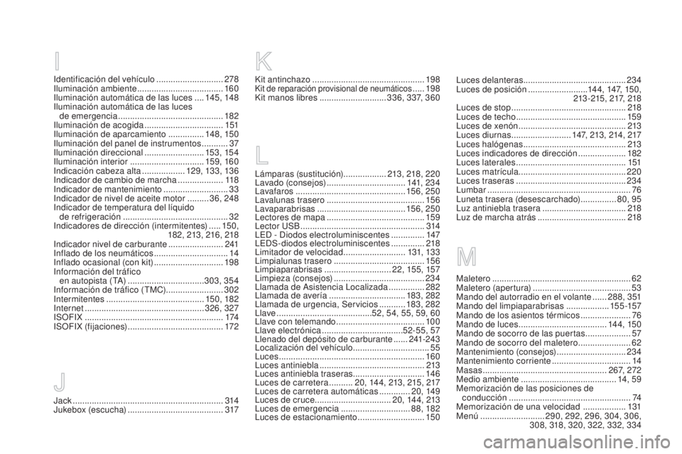 CITROEN DS5 2015  Manuales de Empleo (in Spanish) DS5_es_Chap12_index-recherche_ed01-2015
Identificación del vehículo ............................278
Iluminación ambiente .................................... 16
0
Iluminación automática de las lu