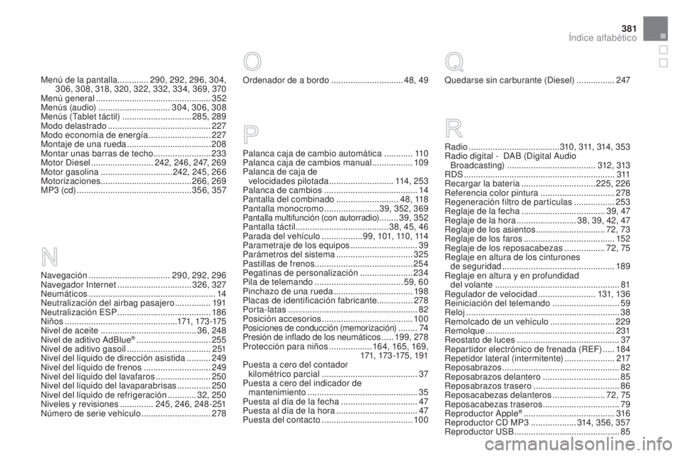CITROEN DS5 2015  Manuales de Empleo (in Spanish) 381
DS5_es_Chap12_index-recherche_ed01-2015
Navegación .................................. 290, 292, 296
Navegador Internet  ...............................326, 327
Neumáticos
 ......................