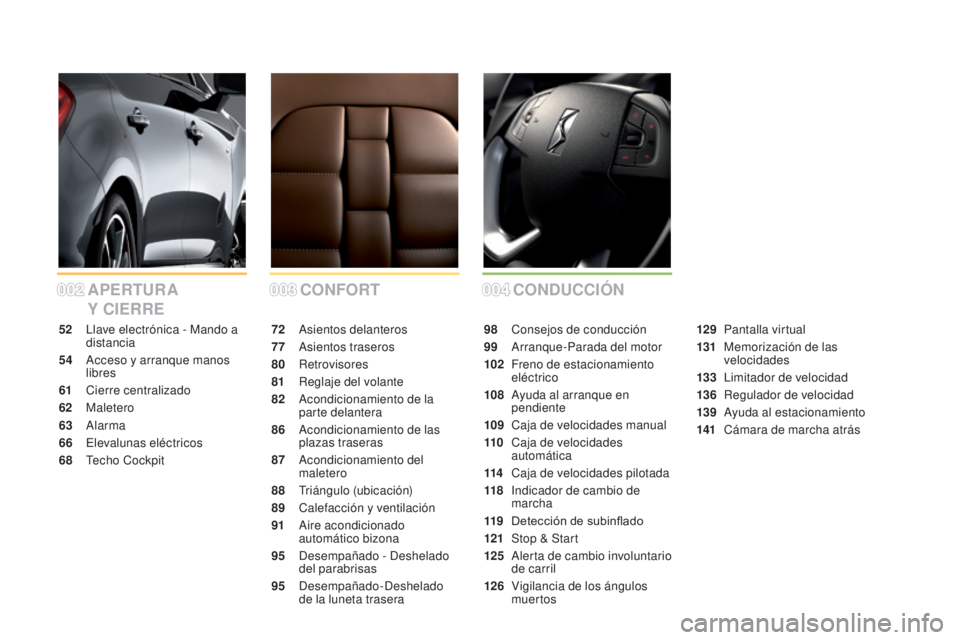 CITROEN DS5 2015  Manuales de Empleo (in Spanish) 002003004
DS5_es_Chap00a_sommaire_ed01-2015
CONFORTA
PERTuR
A 
Y C
iE

RRE CONDuC
Ci ó N
72 Asientos delanteros
77
 A

sientos traseros
80
 

Retrovisores
81
 R

eglaje del volante
82
 A

condicionam