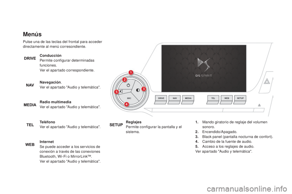 CITROEN DS5 2015  Manuales de Empleo (in Spanish) DS5_es_Chap01_controle-de-marche_ed01-2015
Menús
Pulse una de las teclas del frontal para acceder 
directamente al menú corresondiente.Conducción  
Permite configurar determinadas 
funciones.
Ver e