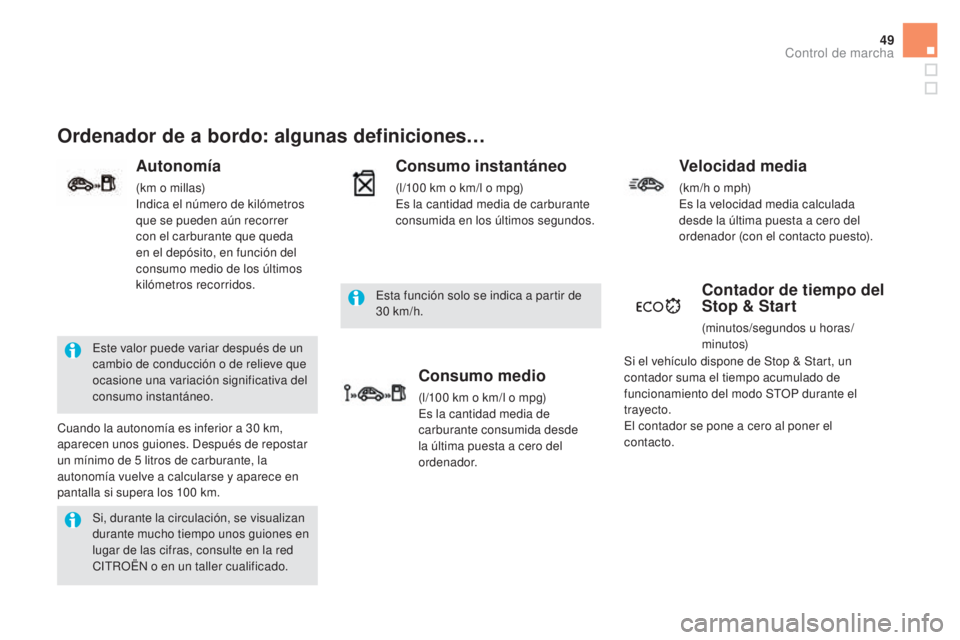 CITROEN DS5 2015  Manuales de Empleo (in Spanish) 49
DS5_es_Chap01_controle-de-marche_ed01-2015
Si, durante la circulación, se visualizan 
durante mucho tiempo unos guiones en 
lugar de las cifras, consulte en la red 
CITROËN o en un taller cualifi