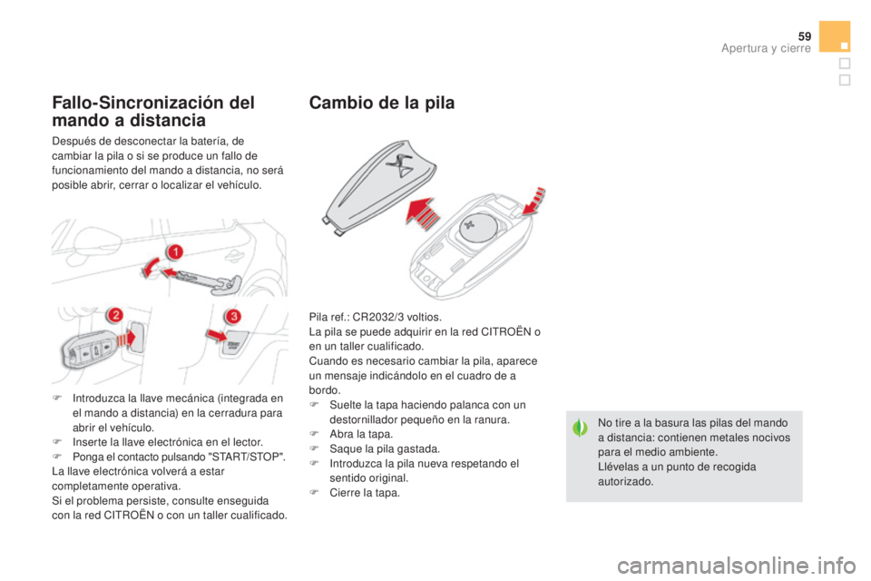 CITROEN DS5 2015  Manuales de Empleo (in Spanish) 59
DS5_es_Chap02_ouvertures_ed01-2015
No tire a la basura las pilas del mando 
a distancia: contienen metales nocivos 
para el medio ambiente.
Llévelas a un punto de recogida 
autorizado.
Cambio de l