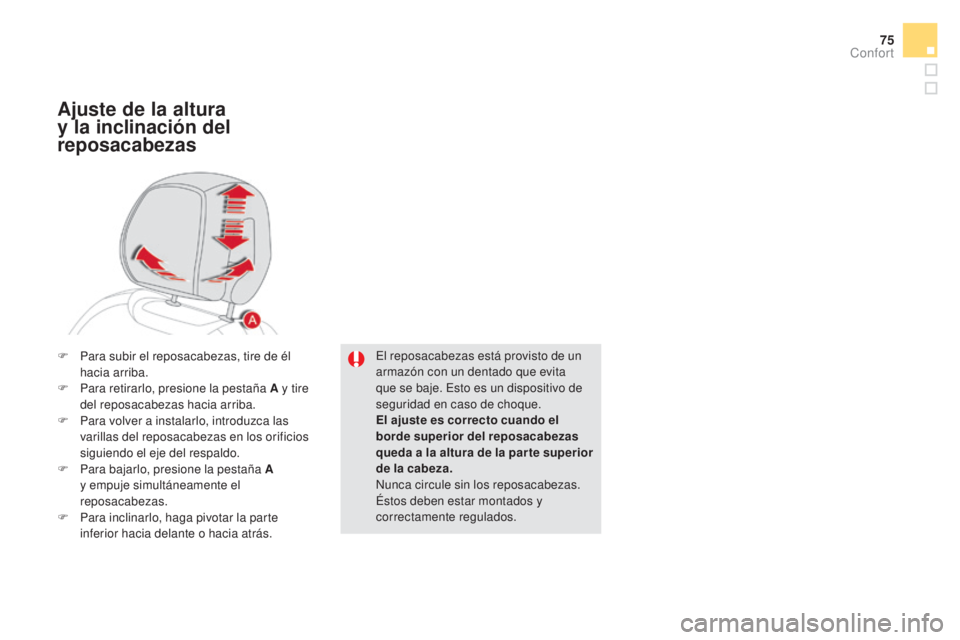 CITROEN DS5 2015  Manuales de Empleo (in Spanish) 75
DS5_es_Chap03_confort_ed01-2015
El reposacabezas está provisto de un 
armazón con un dentado que evita 
que se baje. Esto es un dispositivo de 
seguridad en caso de choque.
El ajuste  es correcto