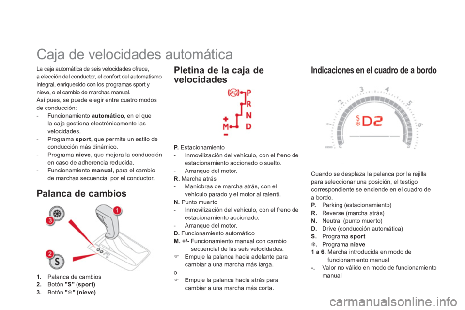 CITROEN DS5 2013  Manuales de Empleo (in Spanish)    
Indicaciones en el cuadro de a bordo 
 
Cuando se desplaza la palanca por la rejillapara seleccionar una posición, el testigo correspondiente se enciende en el cuadro de a bordo.P. 
 Parking (est