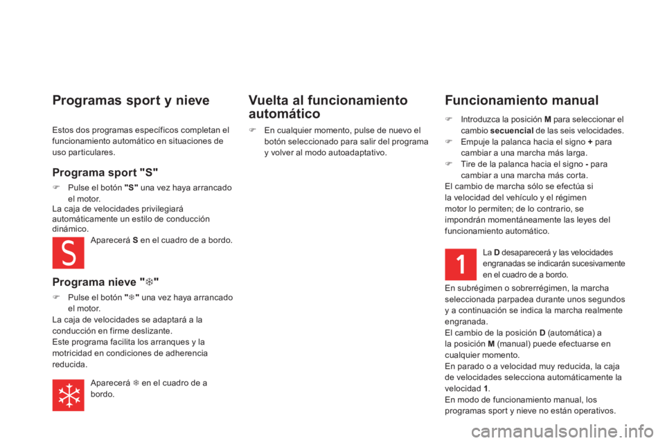 CITROEN DS5 2013  Manuales de Empleo (in Spanish)    
Funcionamiento manual
�)Introduzca la posición  Mpara seleccionar elcambio  secuencialde las seis velocidades. �)Empuje la palanca hacia el signo +para cambiar a una marcha más larga. 
�)Tire de