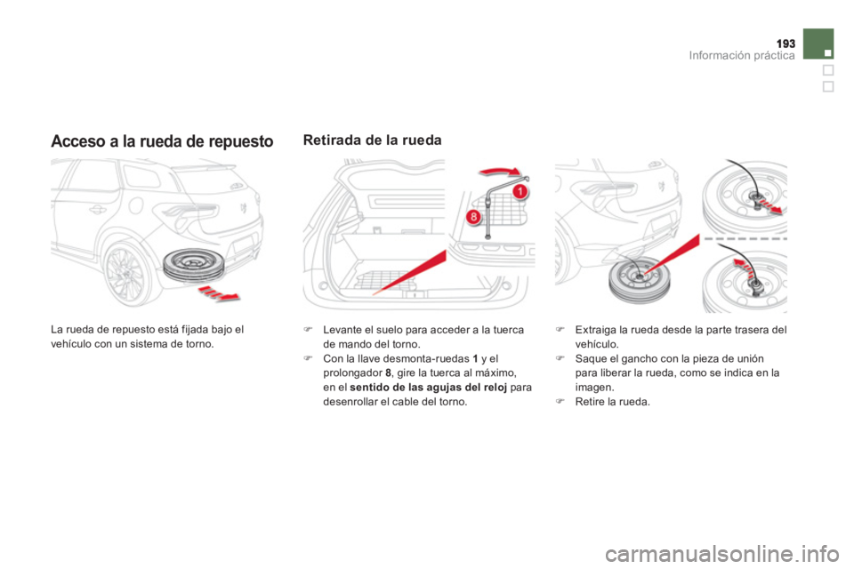 CITROEN DS5 2013  Manuales de Empleo (in Spanish) Información práctica
   
Acceso a la rueda de repuesto
 
La rueda de repuesto está fijada bajo el
vehículo con un sistema de torno.
Retirada de la rueda
�)   Levante el suelo para acceder a la tue