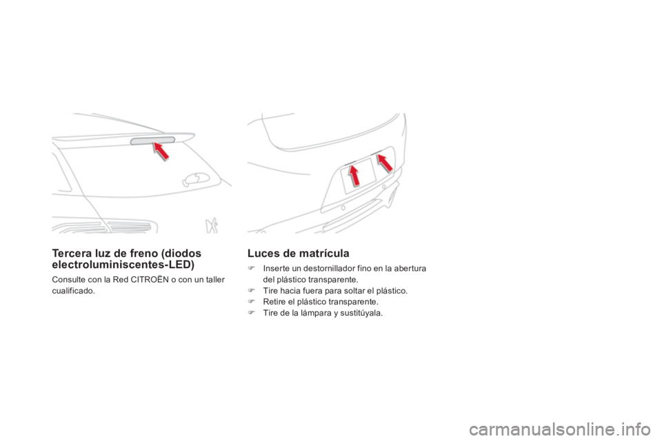 CITROEN DS5 2013  Manuales de Empleo (in Spanish) Luces de matrícula 
�)   Inserte un destornillador fino en la abertura 
del plástico transparente.
�)    Tire hacia fuera para soltar el plástico.�) 
  Retire el plástico transparente.�) 
  Tire d
