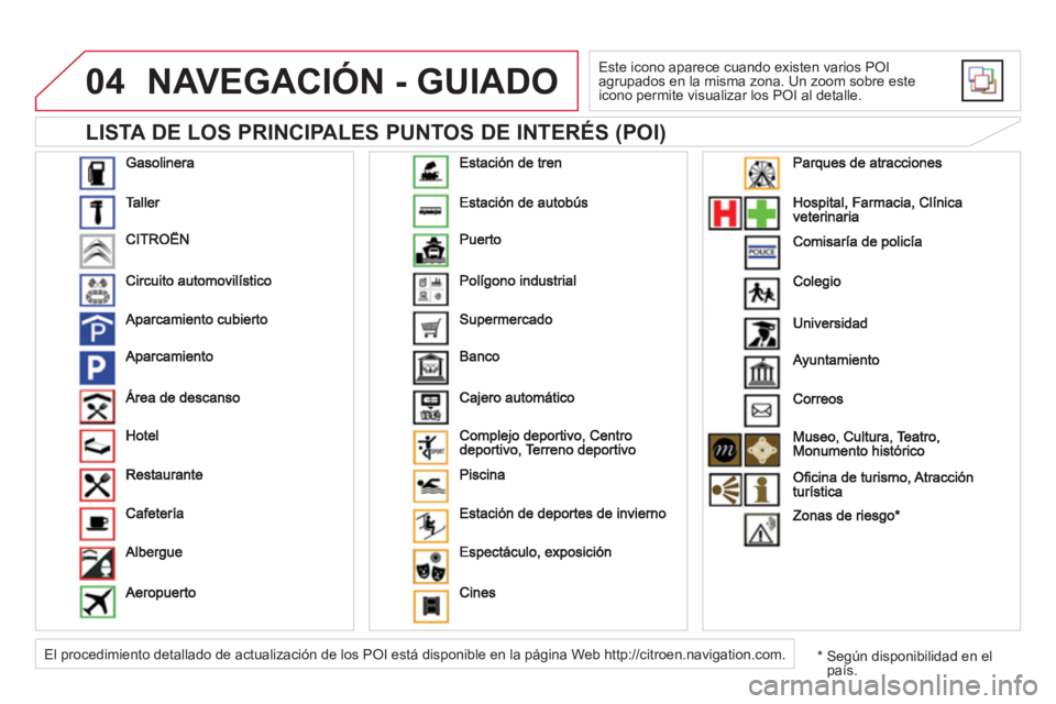 CITROEN DS5 2013  Manuales de Empleo (in Spanish) 04
   
LISTA DE LOS PRINCIPALES PUNTOS DE INTERÉS (POI) 
NAVEGACIÓN - GUIADO
 
Este icono aparece cuando existen varios POI 
agrupados en la misma zona. Un zoom sobre este 
icono permite visualizar 