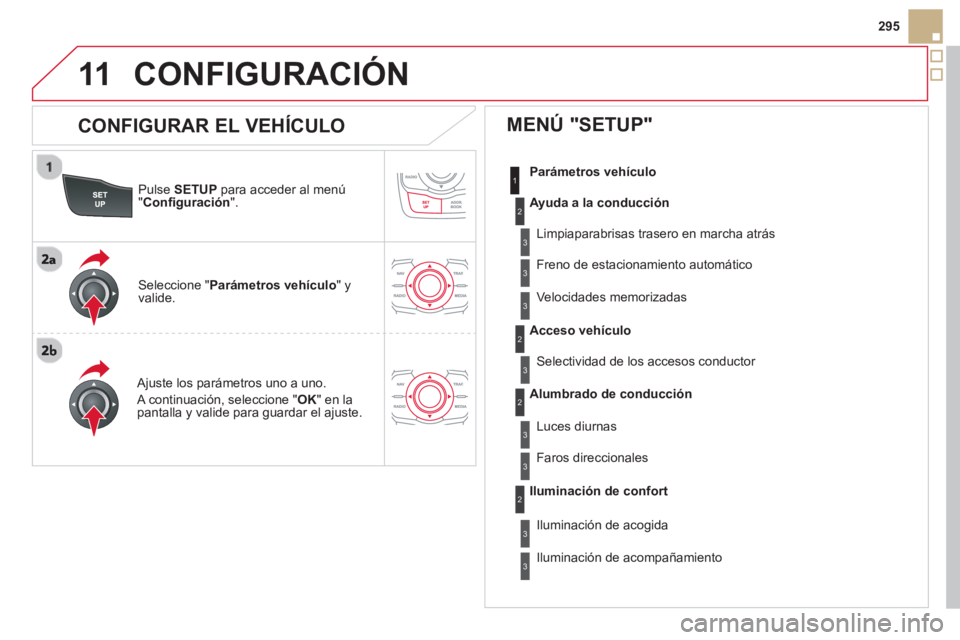CITROEN DS5 2013  Manuales de Empleo (in Spanish) 11
295
P
ulse SETUPpara acceder al menú"Conﬁ guración".
 
 Ajuste los parámetros uno a uno. 
 
A continuación, seleccione "OK" en la pantalla y valide para guardar el ajuste.  
 
Seleccione "Par