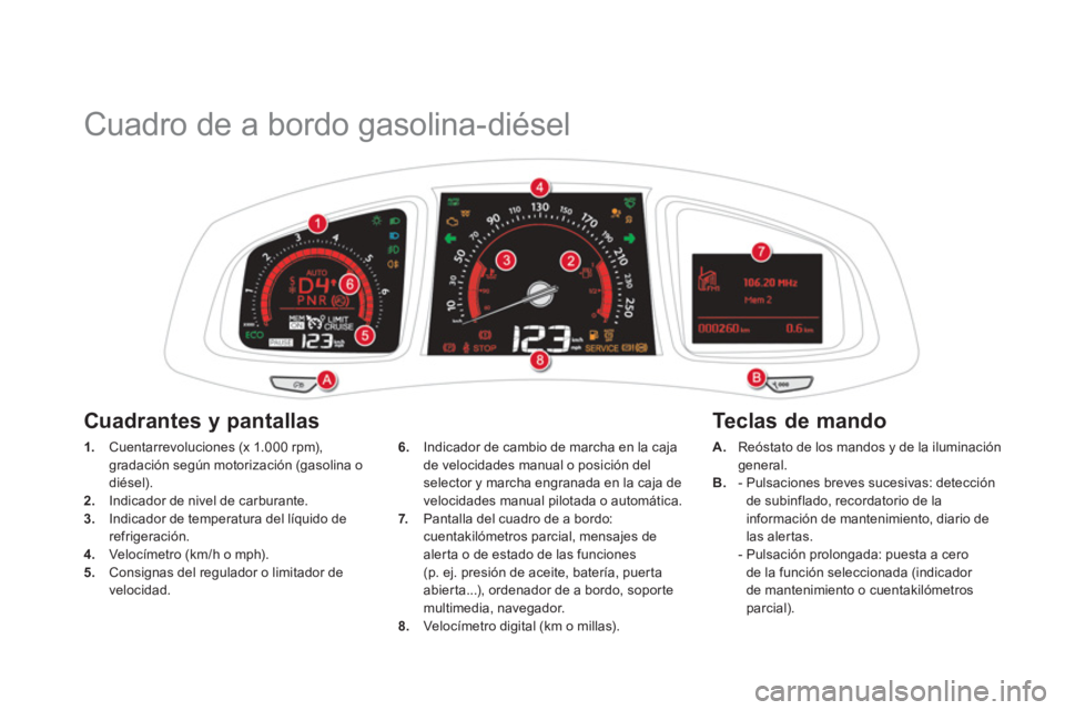 CITROEN DS5 2013  Manuales de Empleo (in Spanish)    
 
 
 
 
Cuadro de a bordo gasolina-diésel 
1. 
 Cuentarrevoluciones (x 1.000 rpm),gradación según motorización (gasolina o 
diésel
).2.   Indicador de nivel de carburante. 3.Indicador de temp