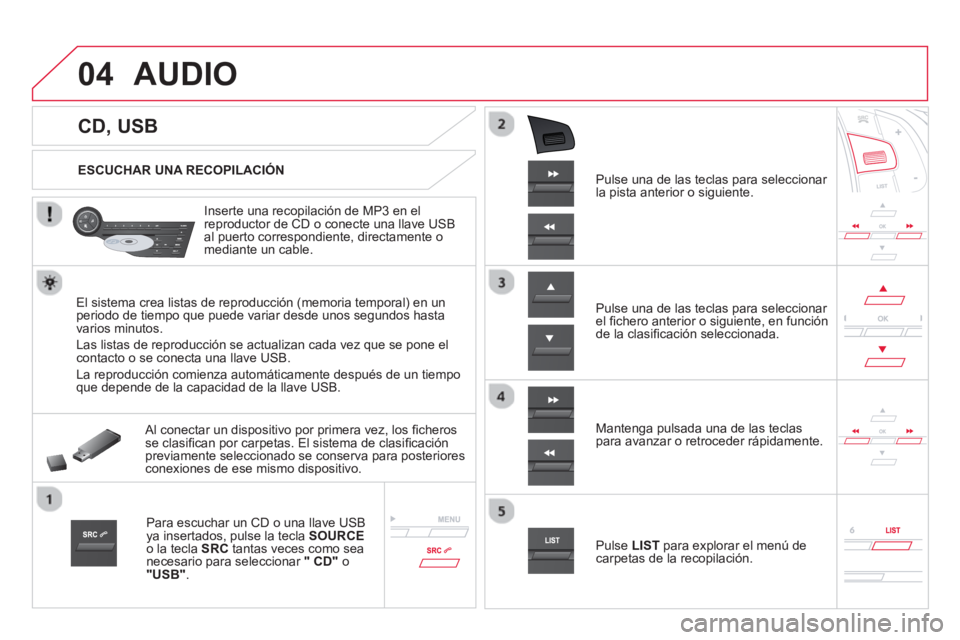 CITROEN DS5 2013  Manuales de Empleo (in Spanish) 04
   
 
 
 
 
 
 
 
 
 
 
 
CD, USB 
AUDIO 
 
 
ESCUCHAR UNA RECOPILACIÓN
   
Inserte una recopilación de MP3 en el 
reproductor de CD o conecte una llave USB
al puerto correspondiente, directament