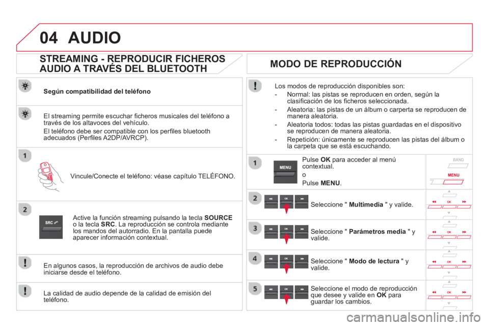 CITROEN DS5 2013  Manuales de Empleo (in Spanish) 04AUDIO 
   
 
 
 
 
 
STREAMING - REPRODUCIR FICHEROS 
AUDIO A TRAVÉS DEL BLUETOOTH 
Según compatibilidad del teléfono  
Vincule/Conecte el teléfono: véase ca
pítulo TELÉFONO. El streamin
g pe
