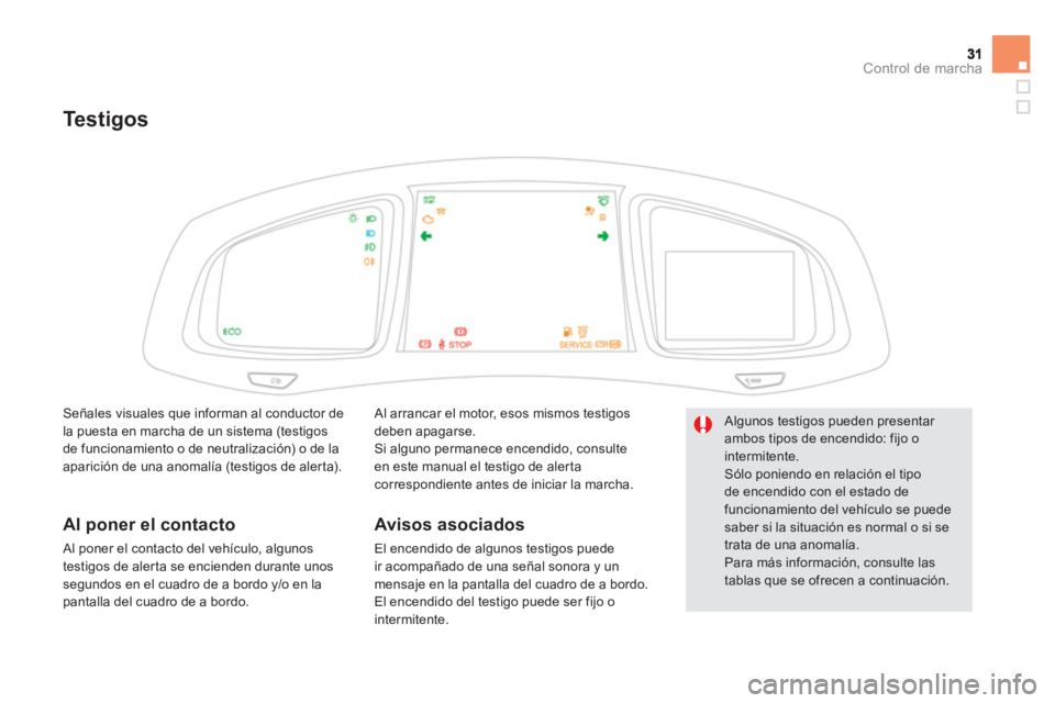 CITROEN DS5 2013  Manuales de Empleo (in Spanish) Control de marcha
Testigos
 Al arrancar el motor, esos mismos testigos deben apagarse. Si alguno permanece encendido, consulte
en este manual el testigo de aler ta
correspondiente antes de iniciar la 