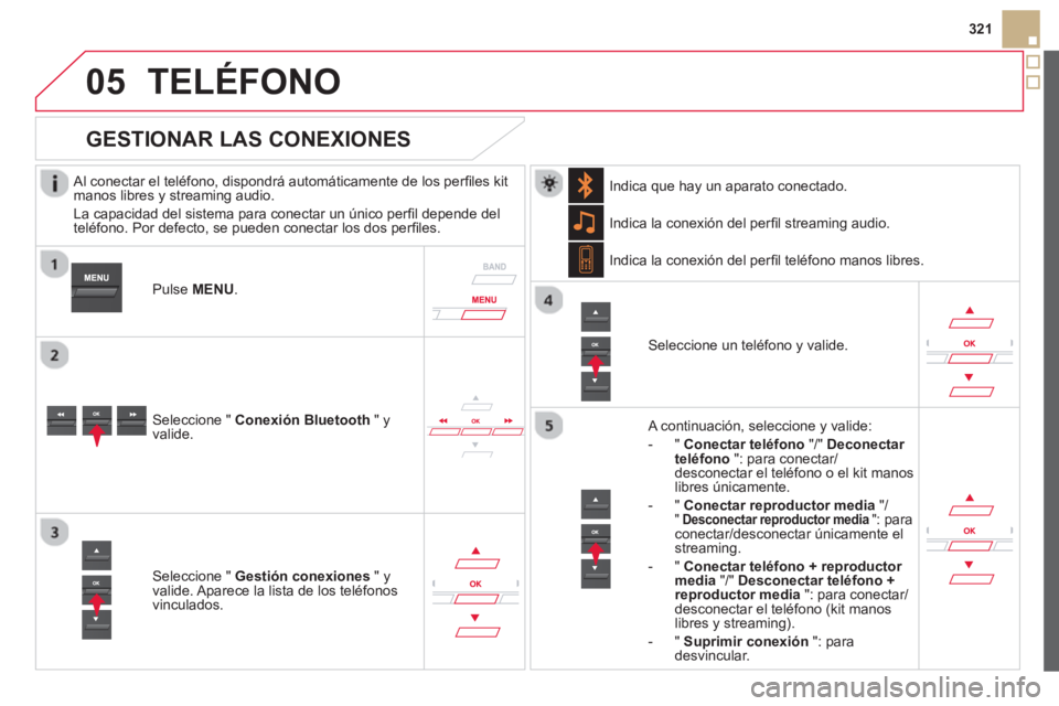 CITROEN DS5 2013 Manuales de Empleo (in Spanish)
05
321
TELÉFONO
Al conectar el teléfono, dispondrá automáticamente de los perfi les kit
manos libres y streaming audio.
La capacidad del sistema para conectar un ˙nico per
fi l depen CITROEN DS5 2013 Manuales de Empleo (in Spanish)
05
321
TELÉFONO
Al conectar el teléfono, dispondrá automáticamente de los perfi les kit
manos libres y streaming audio.
La capacidad del sistema para conectar un ˙nico per
fi l depen