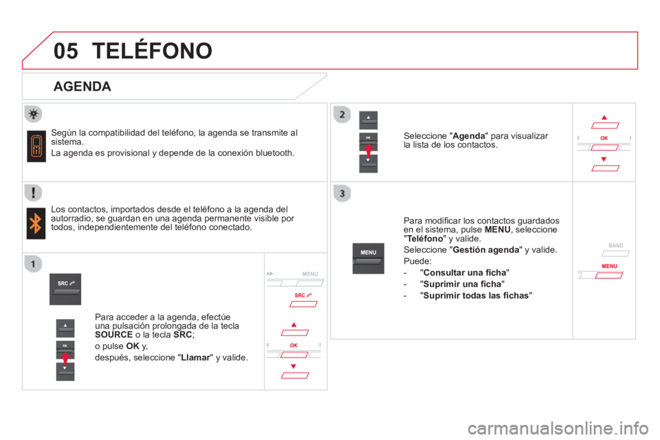 CITROEN DS5 2013 Manuales de Empleo (in Spanish)
05TELÉFONO
AGENDA
Según la compatibilidad del teléfono, la agenda se transmite al sistema.
La a
genda es provisional y depende de la conexión bluetooth.
Los contactos, i CITROEN DS5 2013 Manuales de Empleo (in Spanish)
05TELÉFONO
AGENDA
Según la compatibilidad del teléfono, la agenda se transmite al sistema.
La a
genda es provisional y depende de la conexión bluetooth.
Los contactos, i