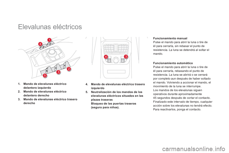 CITROEN DS5 2013  Manuales de Empleo (in Spanish)    
 
 
 
 
Elevalunas eléctricos 
1.Mando de elevalunas eléctricodelantero izquierdo2.Mando de elevalunas eléctricodelantero derecho3.Mando de elevalunas eléctrico traseroderecho
Funcionamiento m
