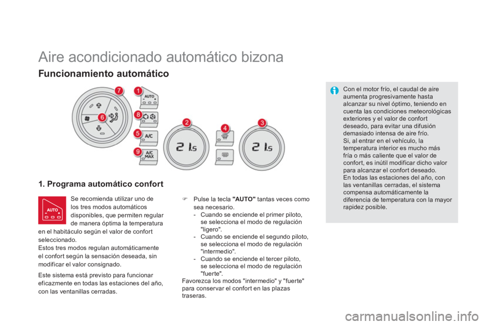 CITROEN DS5 2013  Manuales de Empleo (in Spanish)    
 
 
 
 
Aire acondicionado automático bizona 
1. Programa automático confort
 Se recomienda utilizar uno delos tres modos automáticosdisponibles, que permiten regular 
de manera 
óptima la tem
