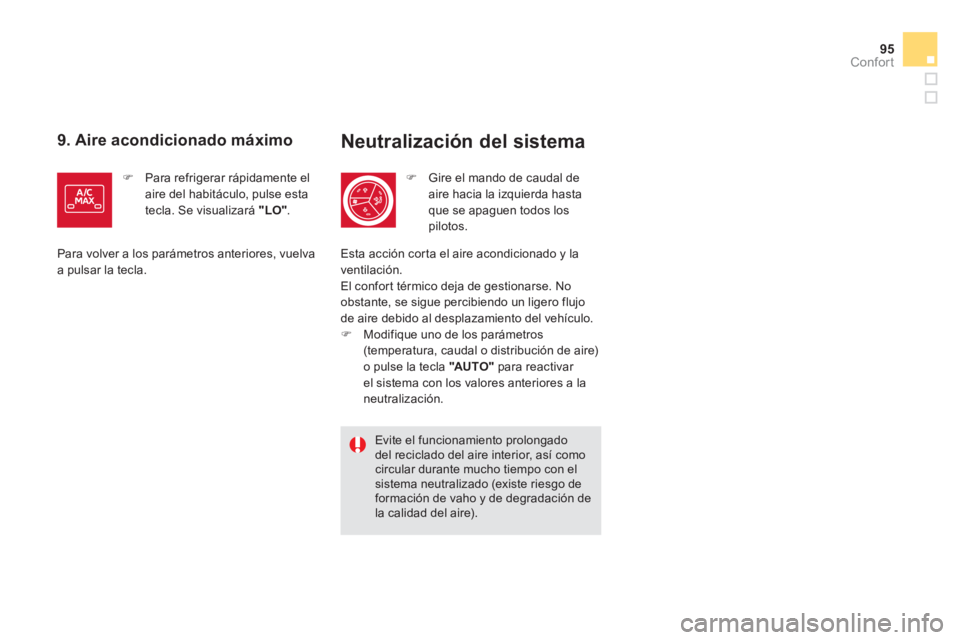 CITROEN DS5 2013  Manuales de Empleo (in Spanish) 95
Confort
Neutralización del sistema 
�)Gire el mando de caudal deaire hacia la izquierda hastaque se apaguen todos lospilotos.
Evite el funcionamiento prolongadodel reciclado del aire interior, as