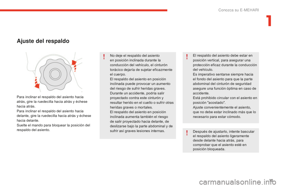 CITROEN E-MEHARI 2017  Manuales de Empleo (in Spanish) 13
e-mehari_es_Chap01_faite-connaissance_ed02-2016
No deje el respaldo del asiento 
en posición inclinada durante la 
conducción del vehículo, el cinturón 
torácico dejaría de sujetar eficazment