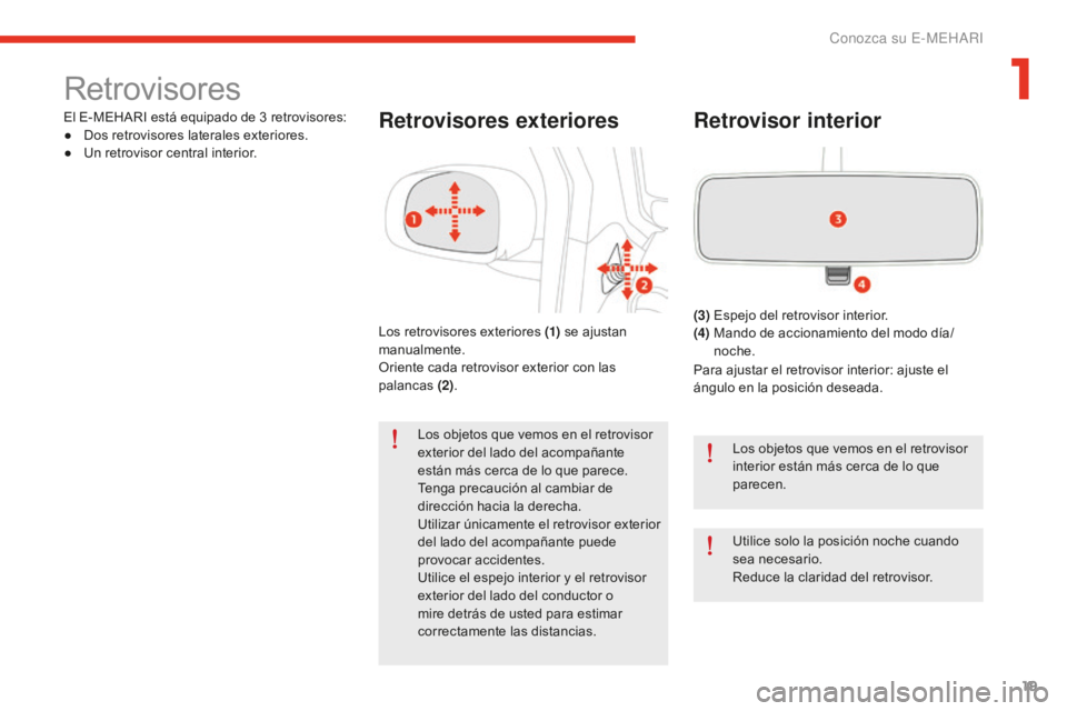 CITROEN E-MEHARI 2017  Manuales de Empleo (in Spanish) 19
e-mehari_es_Chap01_faite-connaissance_ed02-2016
Retrovisores
El E-MEHARI está equipado de 3 retrovisores:
● Do s retrovisores laterales exteriores.
●
 Un r

etrovisor central interior.Retrovis